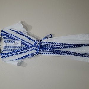 NWT LACE the Label made in Greece White Wrap Dress with Blue Embroidery